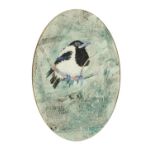 Joy Parsons - Young magpie, signed oval watercolour, inscribed At The Mall Galleries label verso,