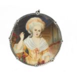 19th century hand painted portrait miniature of a female in an interior, housed in an unmarked