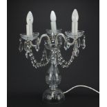 Cut glass three branch table lamp with cut glass drops, 51.5cm high :For Further Condition Reports
