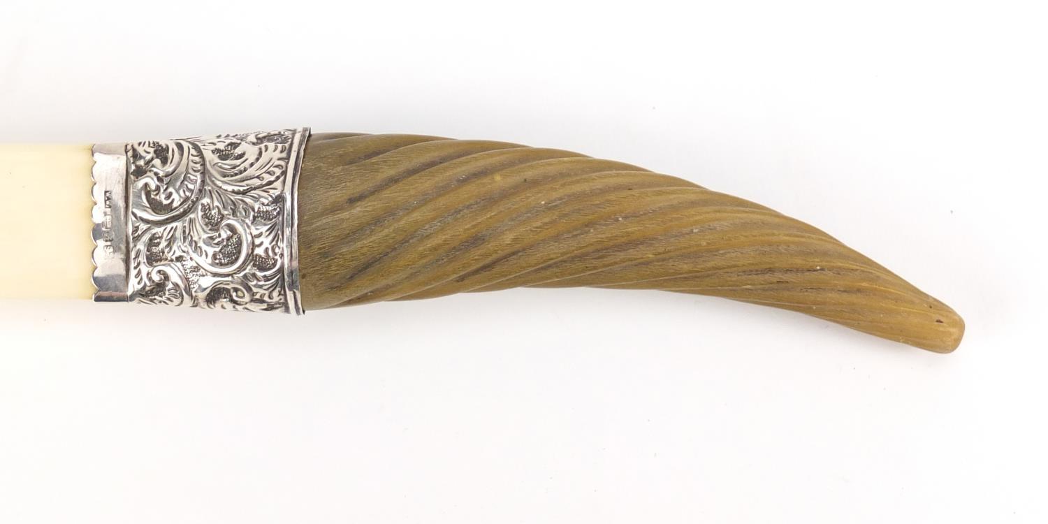 Rhinoceros horn handled ivory page turner with silver mount, indistinct Birmingham hallmarks, 34.5cm - Image 5 of 7