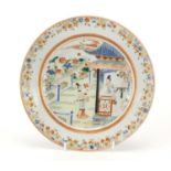 Chinese porcelain plate, hand painted with two girls in a palace setting within a foliate border,