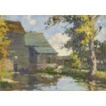 D Haslam 1923 - House by water, oil on canvas board, inscribed verso, unframed, 35.5cm x 25.5cm :For