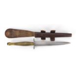 British Military interest Fairbairn and Sykes fighting knife with leather sheath, 29.5cm in