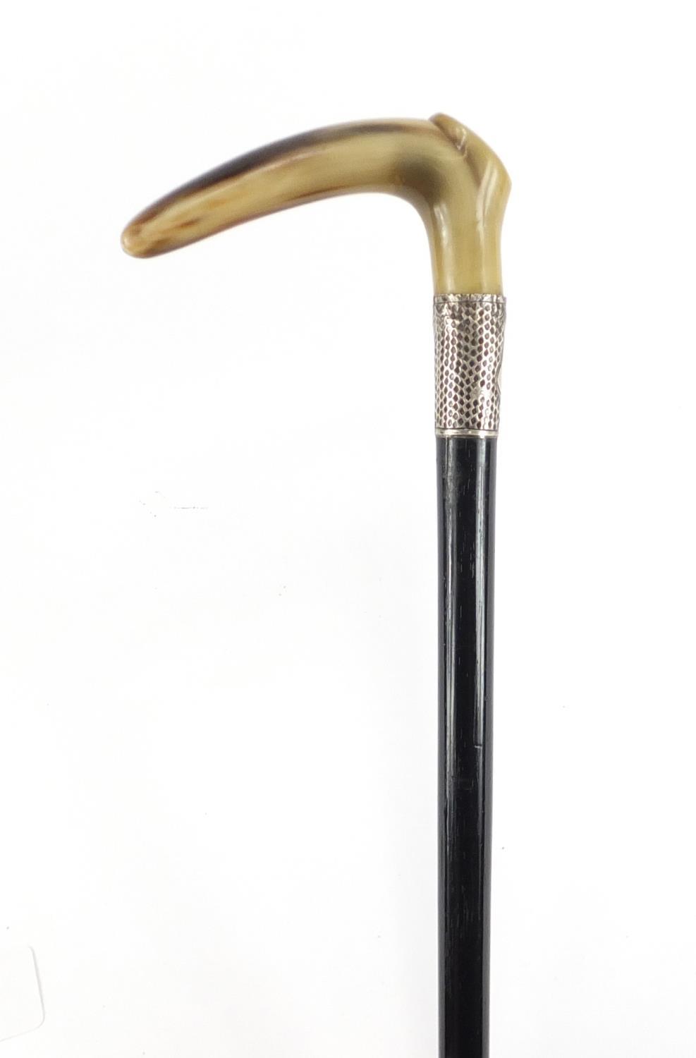 Horn handled walking stick with silver collar and ebony shaft, possibly rhinoceros horn, 92cm in - Image 3 of 8