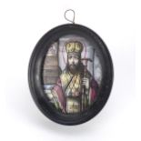 Antique Russian enamel icon hand painted with a St Joseph, housed in an ebonised framed, script to