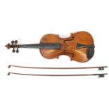 Old wooden violin with two bows and carrying case, the violin bearing a Giovanni Pietro label to the