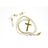 9ct gold cross pendant on a 9ct gold necklace and three simulated pearl earrings, 3.8g :For