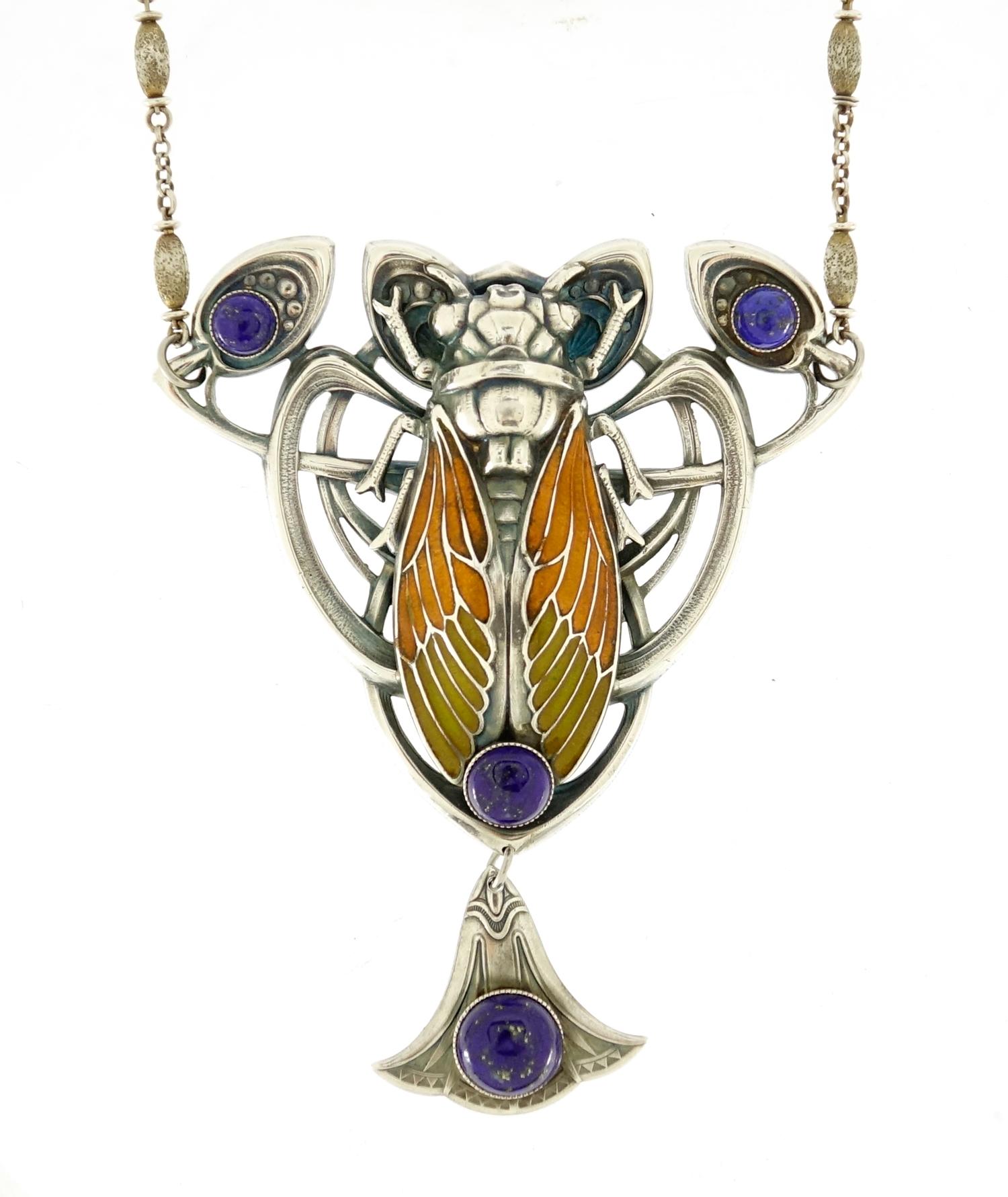 Egyptian Revival silver coloured moth pendant with lapis lazuli drop, 44cm in length :For Further