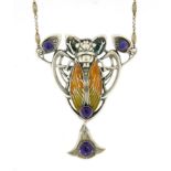 Egyptian Revival silver coloured moth pendant with lapis lazuli drop, 44cm in length :For Further