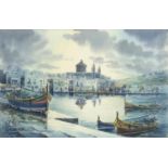 ED Galia - Maltese harbour, watercolour, mounted and framed, 37cm x 27cm :For Further Condition