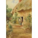 Alfred Montague Rivers - Mother with child by thatched cottage, Near Shefford, watercolour,