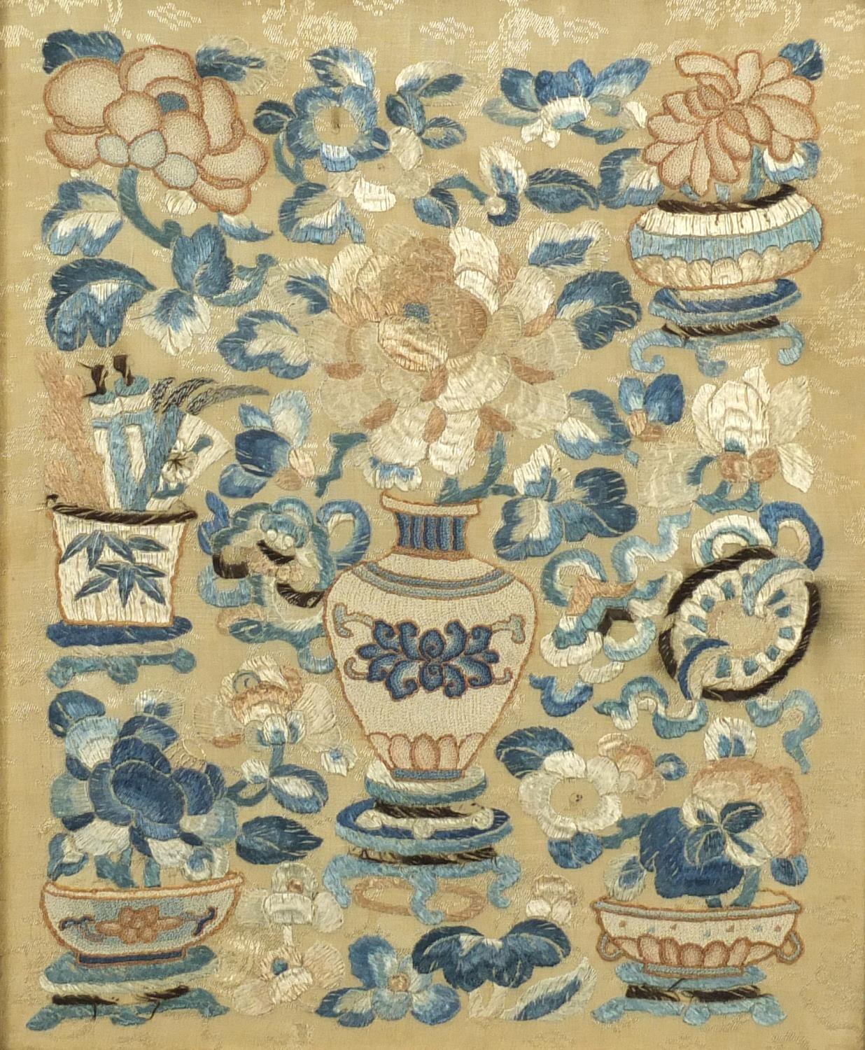 Chinese silk panel embroidered with flowers in vases, framed, 30cm x 24.4cm :For Further Condition