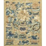 Chinese silk panel embroidered with flowers in vases, framed, 30cm x 24.4cm :For Further Condition