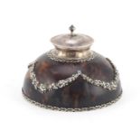 Edwardian tortoiseshell and cut glass inkwell with silver mounts by Apsrey & Co, decorated in relief