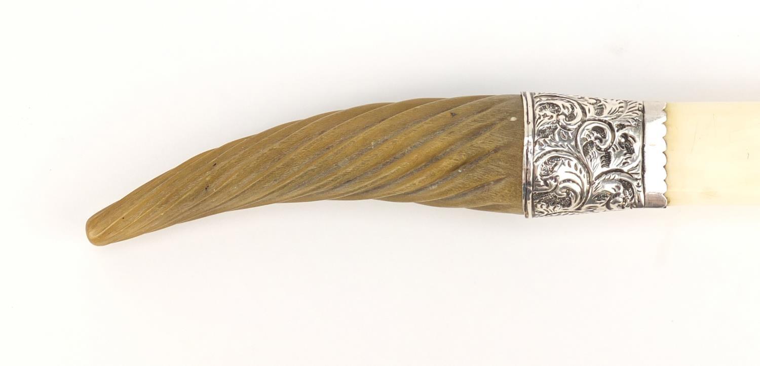 Rhinoceros horn handled ivory page turner with silver mount, indistinct Birmingham hallmarks, 34.5cm - Image 2 of 7