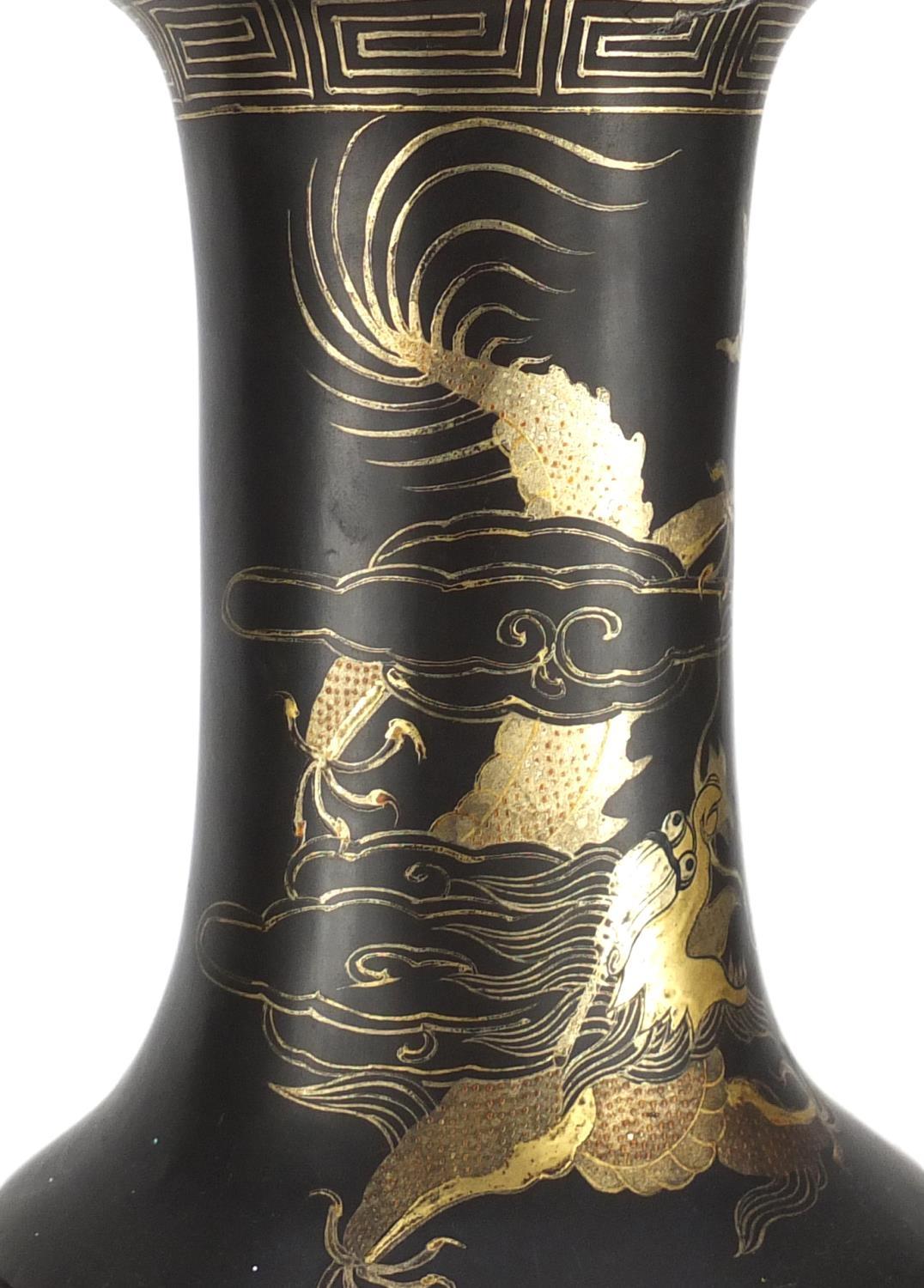 Pair of Chinese papier-mâché vases on stands, both gilded with dragons chasing the flaming pearl, - Image 10 of 23