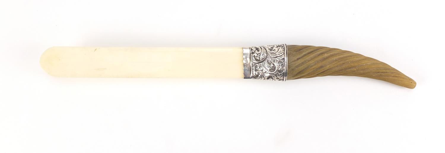 Rhinoceros horn handled ivory page turner with silver mount, indistinct Birmingham hallmarks, 34.5cm - Image 4 of 7