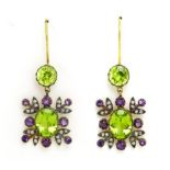 Pair of unmarked gold suffragette style earrings set with diamonds, amethyst and peridot, 4cm in