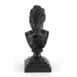 19th century classical patinated bronze bust of a nude female, raised on a square stepped black