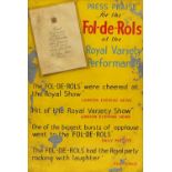 Theatrical interest Fol-de-Rols Royalty Variety Performance advertising board, 82.5cm x 57cm :For