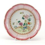 Chinese porcelain lotus flower plate, hand painted in the famille rose palette with a stork