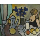 After Markey Robinson - Female with still life, Irish school oil on board, framed, 49cm x 39cm :