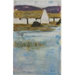 Water before cottage, Irish school oil on paper, bearing a signature Brady, mounted unframed, 54cm x
