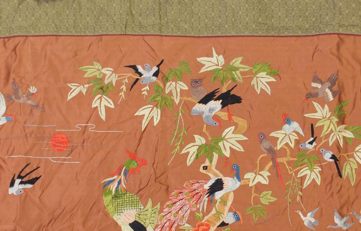 Large Chinese silk panel embroidered with birds of paradise amongst flowers, 113cm x 81cm :For - Image 4 of 8