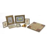 Five Indian Mughal school hand painted panels and similar lacquered folding chess board hand painted