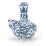 Chinese blue and white porcelain Kendi, hand painted with two dragons amongst flower and foliage,