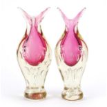 Pair of heavy Murano glass vases with controlled bubbles, each 38cm high :For Further Condition