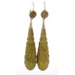Pair of Victorian lava cameo tear drop earrings with 9ct gold mounts, 8cm in length, 20.0g :For