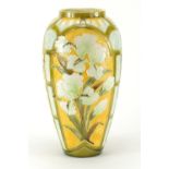 Large Burmantofts faience glazed vase, hand painted with flowers, impressed factory marks and
