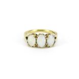 9ct gold cabochon opal three stone ring, size N, 2.6g :For Further Condition Reports Please Visit