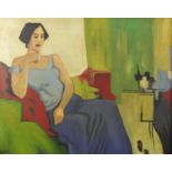 Female in an interior, oil on canvas, bearing a signature Guezzini, framed, 49cm x 39cm :For Further