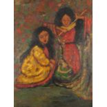 Two young Oriental musicians, oil on canvas, bearing an indistinct signature possibly E Ahemes,