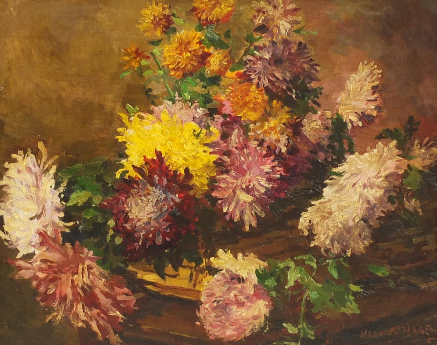 Still life, flowers, oil on board, bearing a indistinct signature possibly Herman Hard, mounted