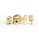 Four Japanese carved bone netsuke's including one of a worker, the largest, 5cm high :For Further