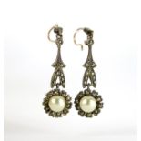 Pair of antique design silver marcasite and simulated pearl earrings, 4.5cm in length, 3.8g :For