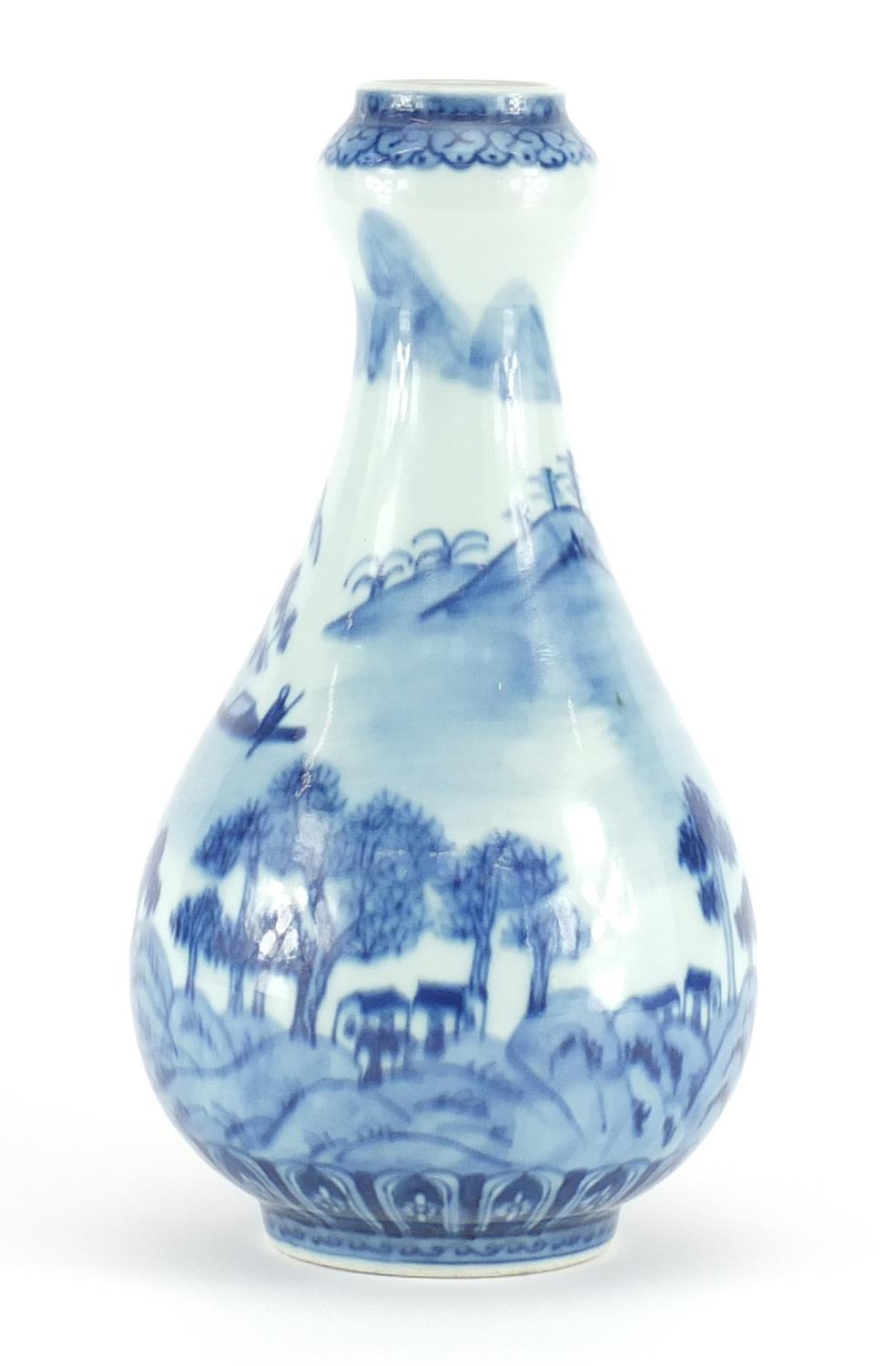 Chinese blue and white porcelain garlic neck vase, hand painted with a river landscape, six figure - Image 7 of 14