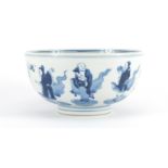Chinese blue and white porcelain footed bowl, hand painted with eight immortals, Kangxi period,