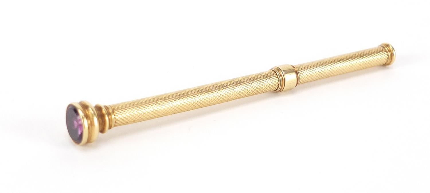 S Mordan & Co unmarked gold propelling pencil with amethyst top, 8.5cm in length, 8.8g :For - Image 3 of 5