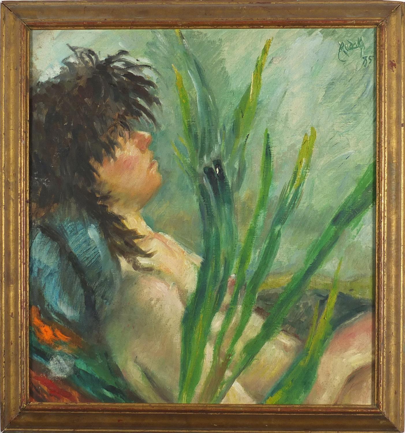 Frances Rudolph 1985 - Natalia, nude female, oil on canvas, inscribed At the Mall Galleries label - Image 2 of 5