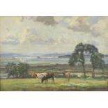 Estuary with cows in the foreground, English school impressionist oil on canvas laid on board,