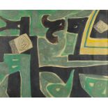Abstract composition, modernist oil on board, bearing an indistinct monogram possibly OM, framed,
