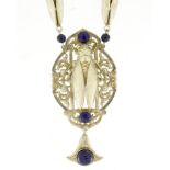 Egyptian Revival silver coloured metal moth necklace with lapis lazuli stones, 42cm in length :For