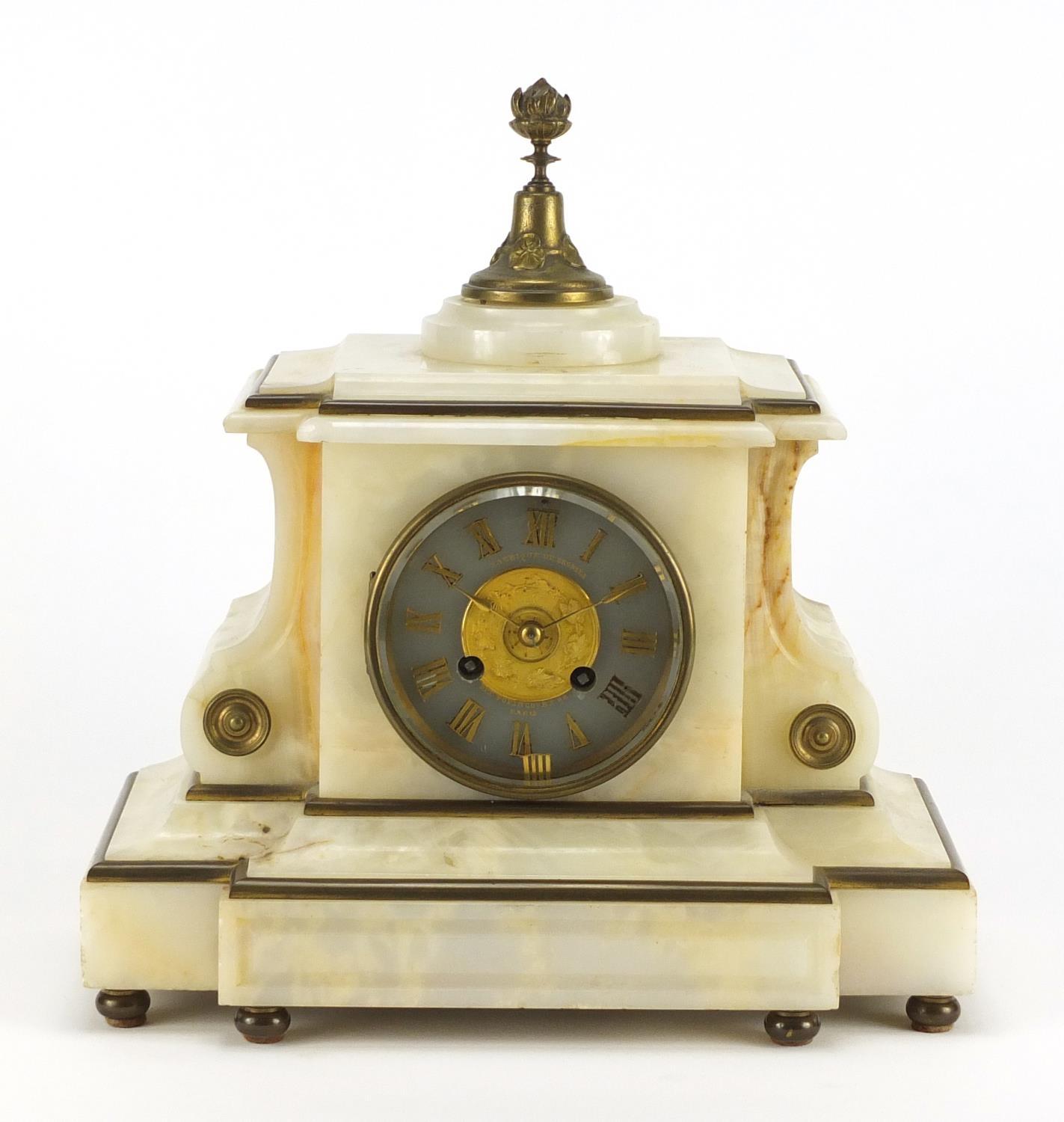 French Bordier onyx striking mantel clock with brass mounts, the dial with Roman numerals marked - Image 2 of 7