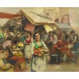 Busy market scene, Italian impressionist oil on board, bearing a signature Pitta, mounted and