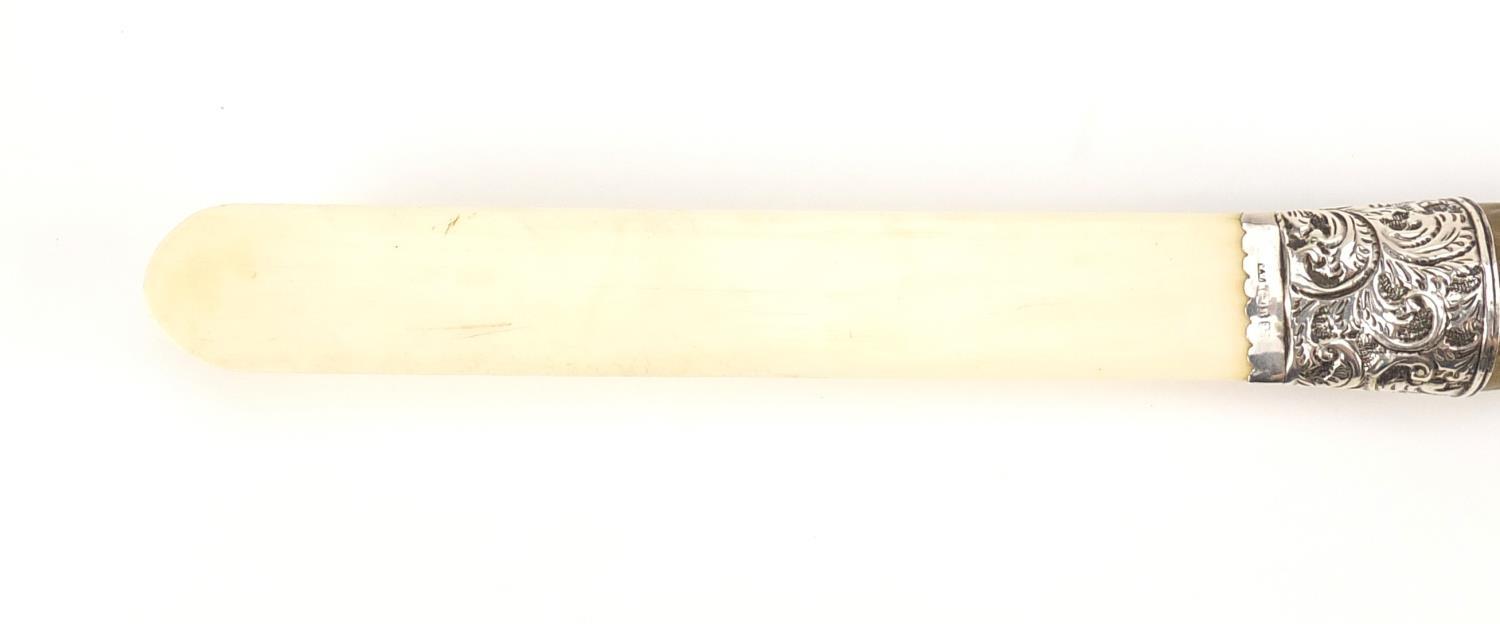 Rhinoceros horn handled ivory page turner with silver mount, indistinct Birmingham hallmarks, 34.5cm - Image 6 of 7