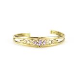 9ct gold amethyst bangle pierced with love hearts, 6.5cm in length, 7.0g :For Further Condition